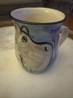 KD Signed Ceramic Mug in Cream with Light Blue Accent